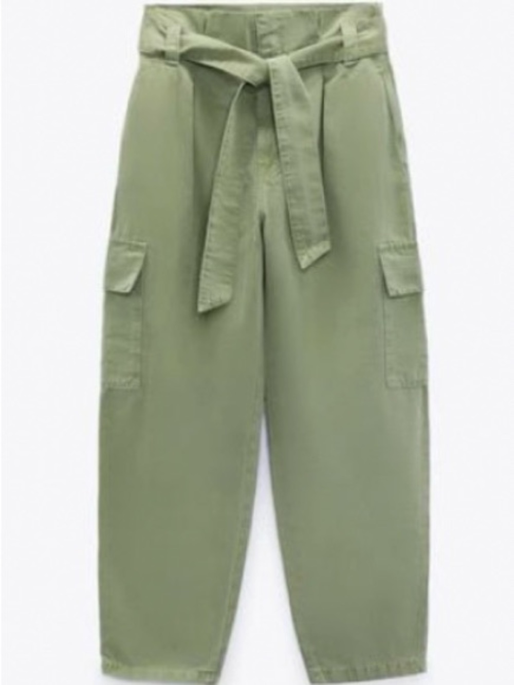 Zara Olive Green High-Waist Cargo Wide-Leg Pants with Tie Belt
